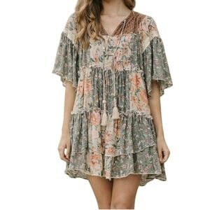 Rustic Rack Floral‎ Tiered Mini Dress Womens Small Green Boho Tassel Lace Trim